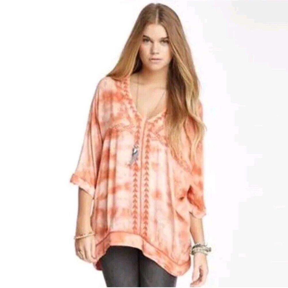 Free People Women's XS Embroidered Orange Tie Dye Blouse Top, Boho Aztec Tribal